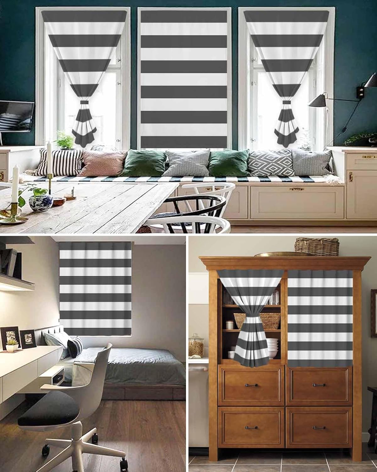 Grey Stripes Self Adhesive Portable Curtains for Windows