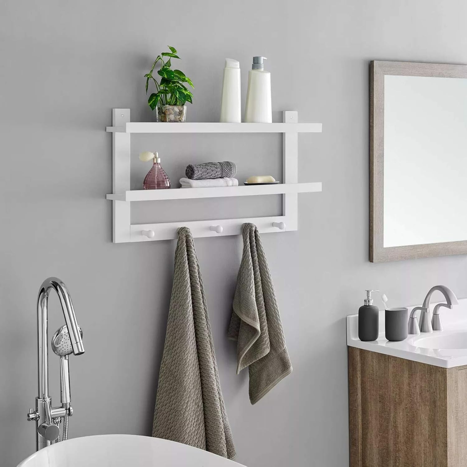 WELLAND 2 Tiers Floating Wall Shelf with 5 Hooks White