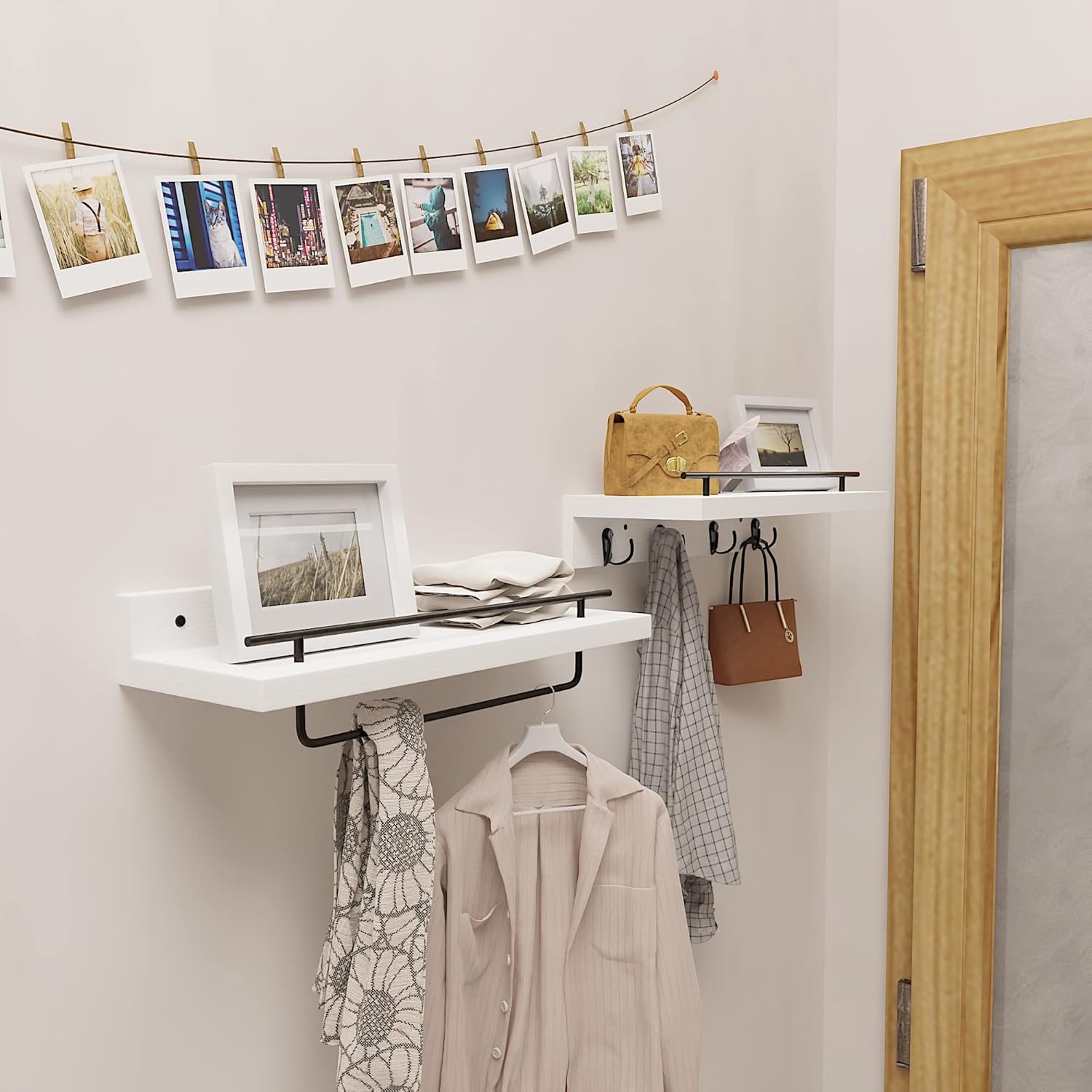 Ecowillon Pine Floating Shelves with Hooks Set of 2