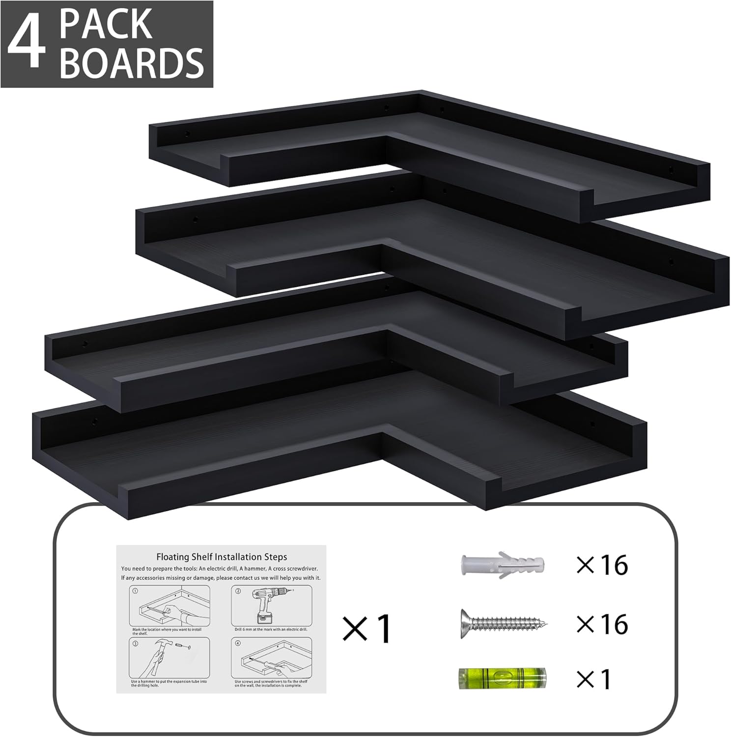 4 Tier Black Floating Corner Wall Shelf Set