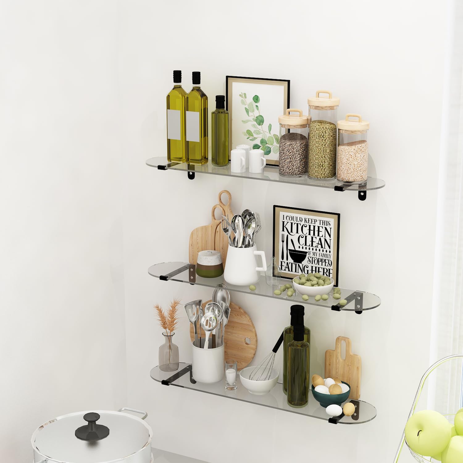 Whitebeach Tempered Glass Floating Shelves 3 Pack for Bathroom Kitchen Living Room