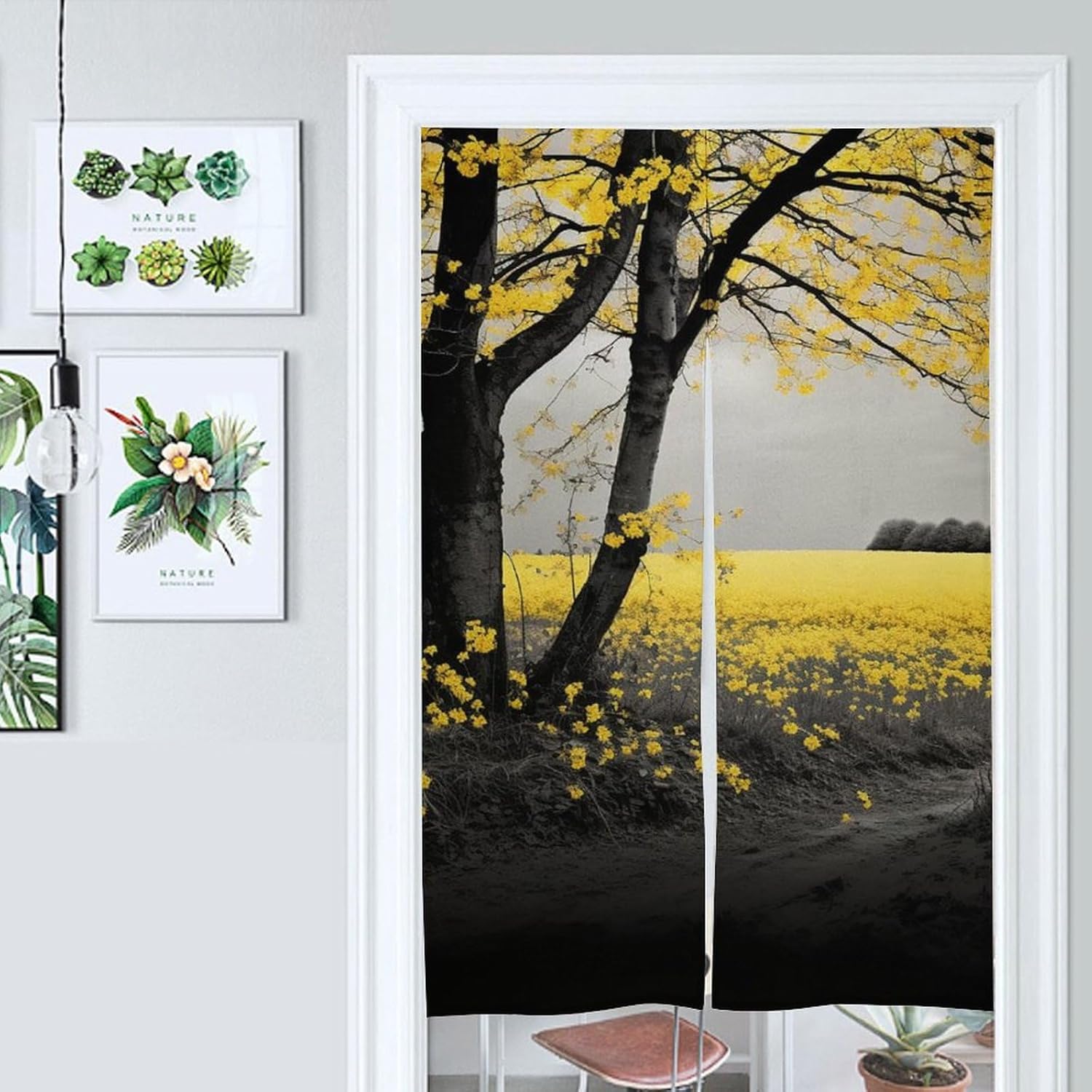 Japanese Noren Black Trees Yellow Flowers Door Curtain