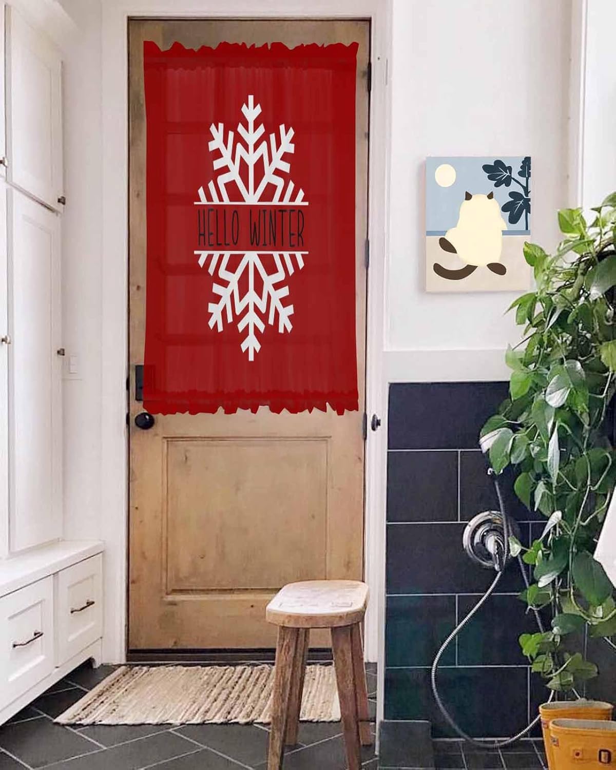Hello Winter French Door Curtain 54x40 with Snowflake Red Christmas Design