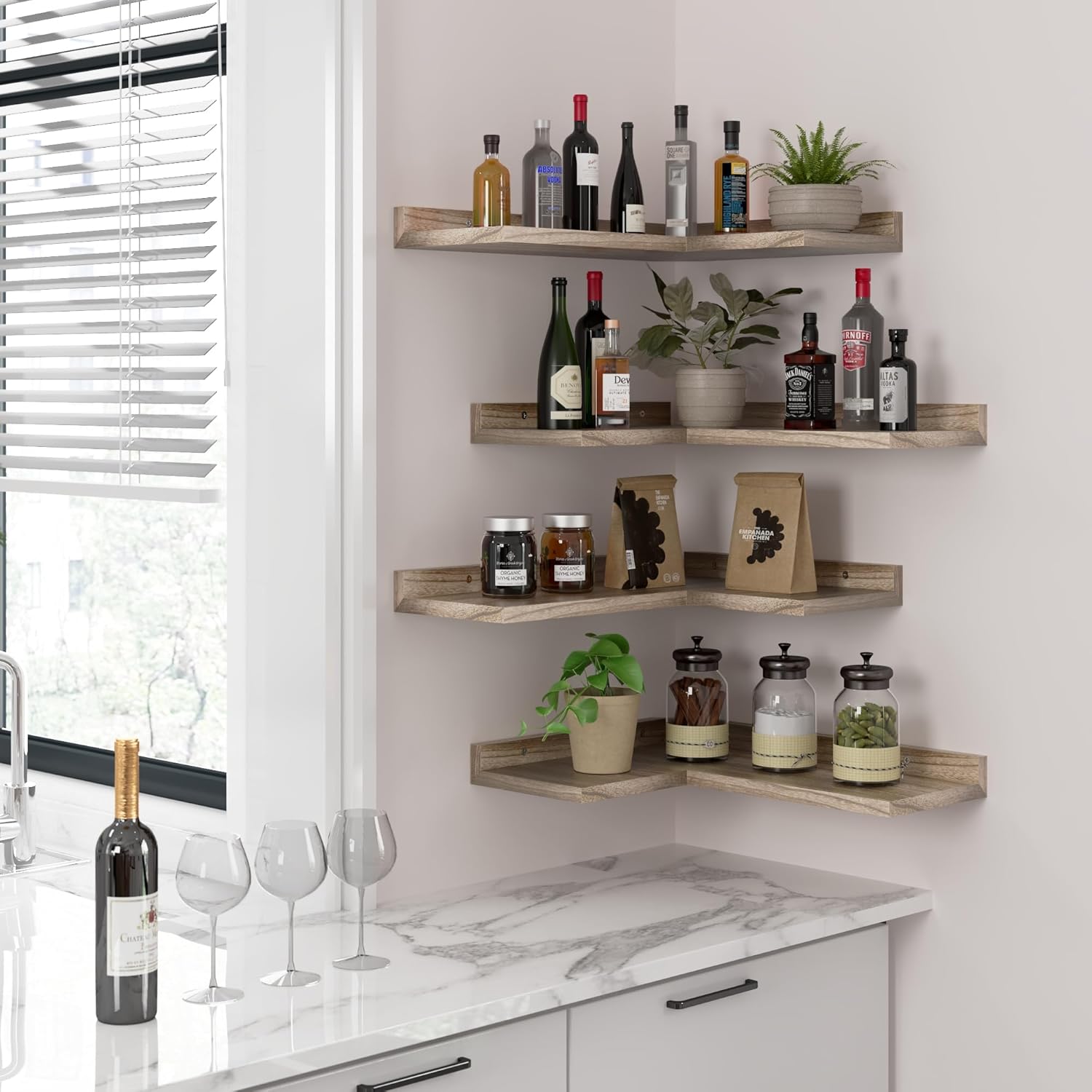 4 Tier Corner Shelf Natural Wood Floating Shelves