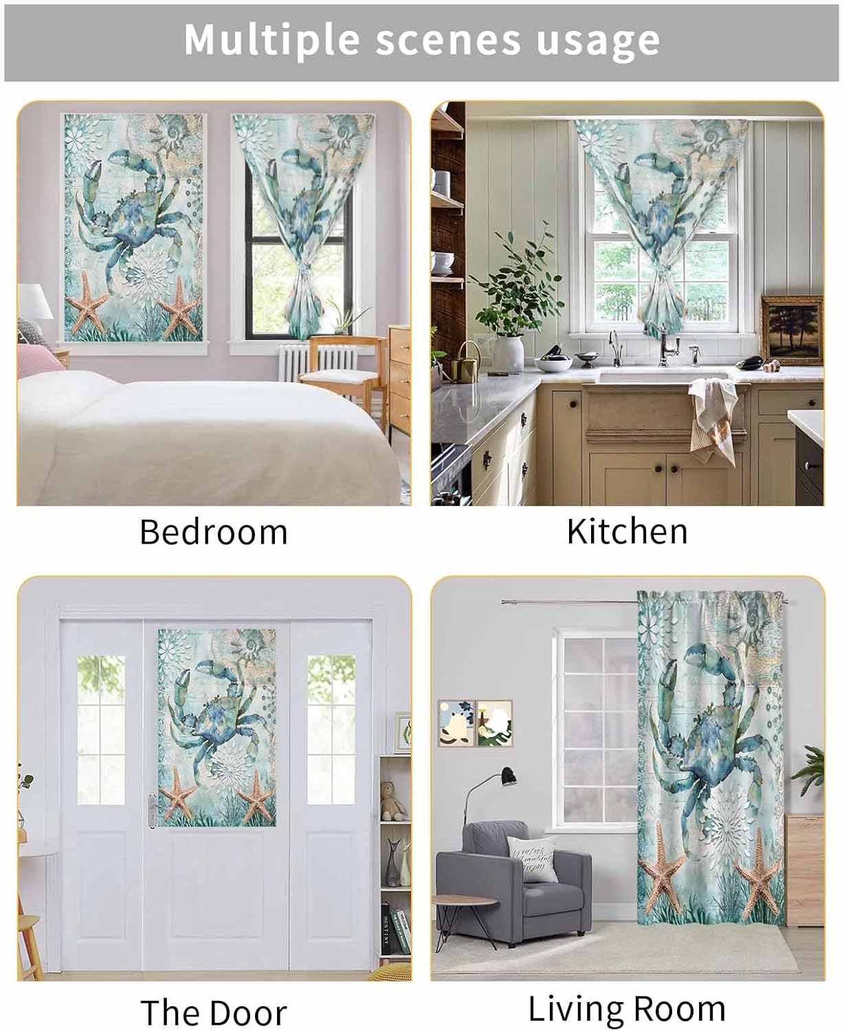 Coastal Crab Self Adhesive Room Darkening Curtains for Windows