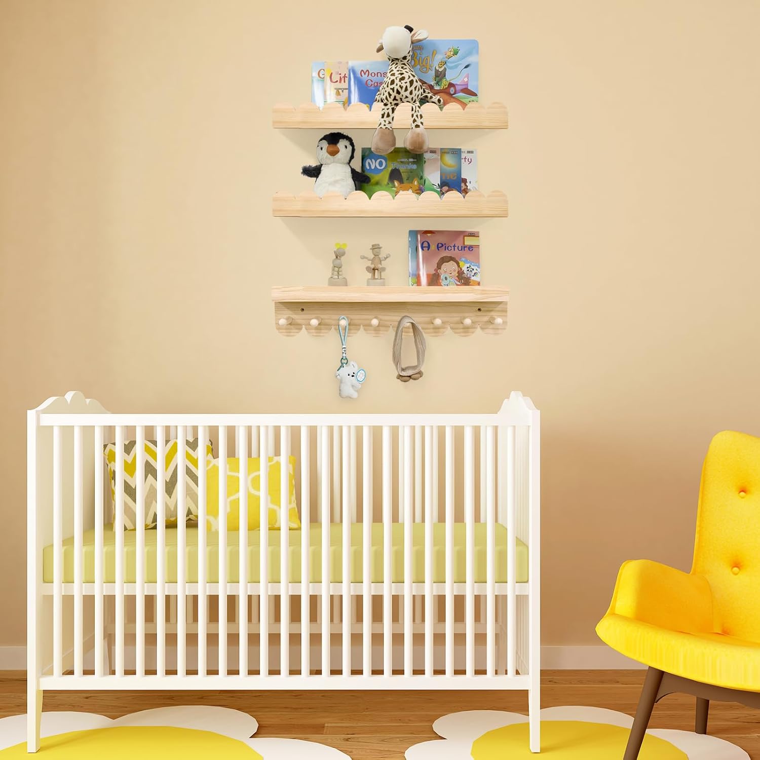 Floating Nursery Book Shelves with Hooks - Set of 3 20 Inches