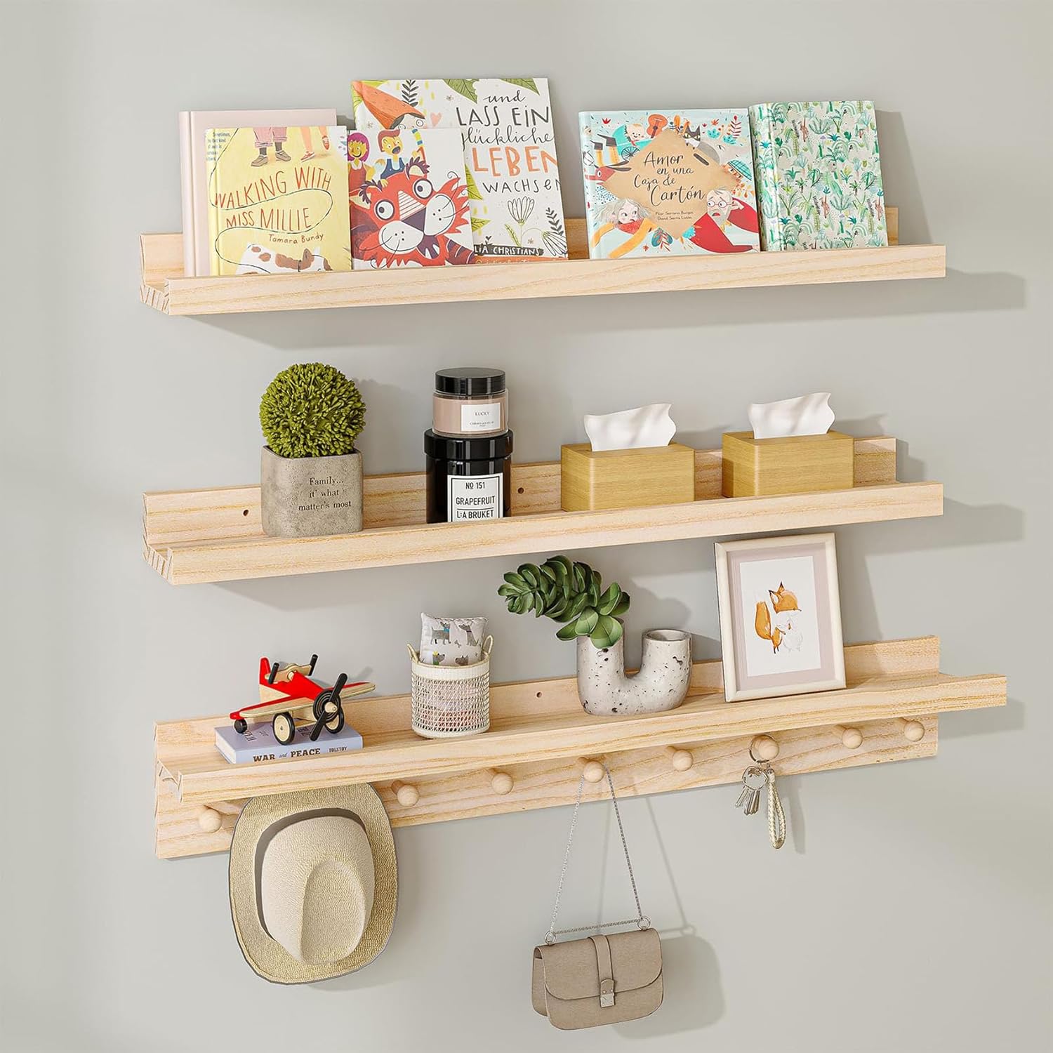 MBYD 36 Inch Floating Wood Shelf With Hooks