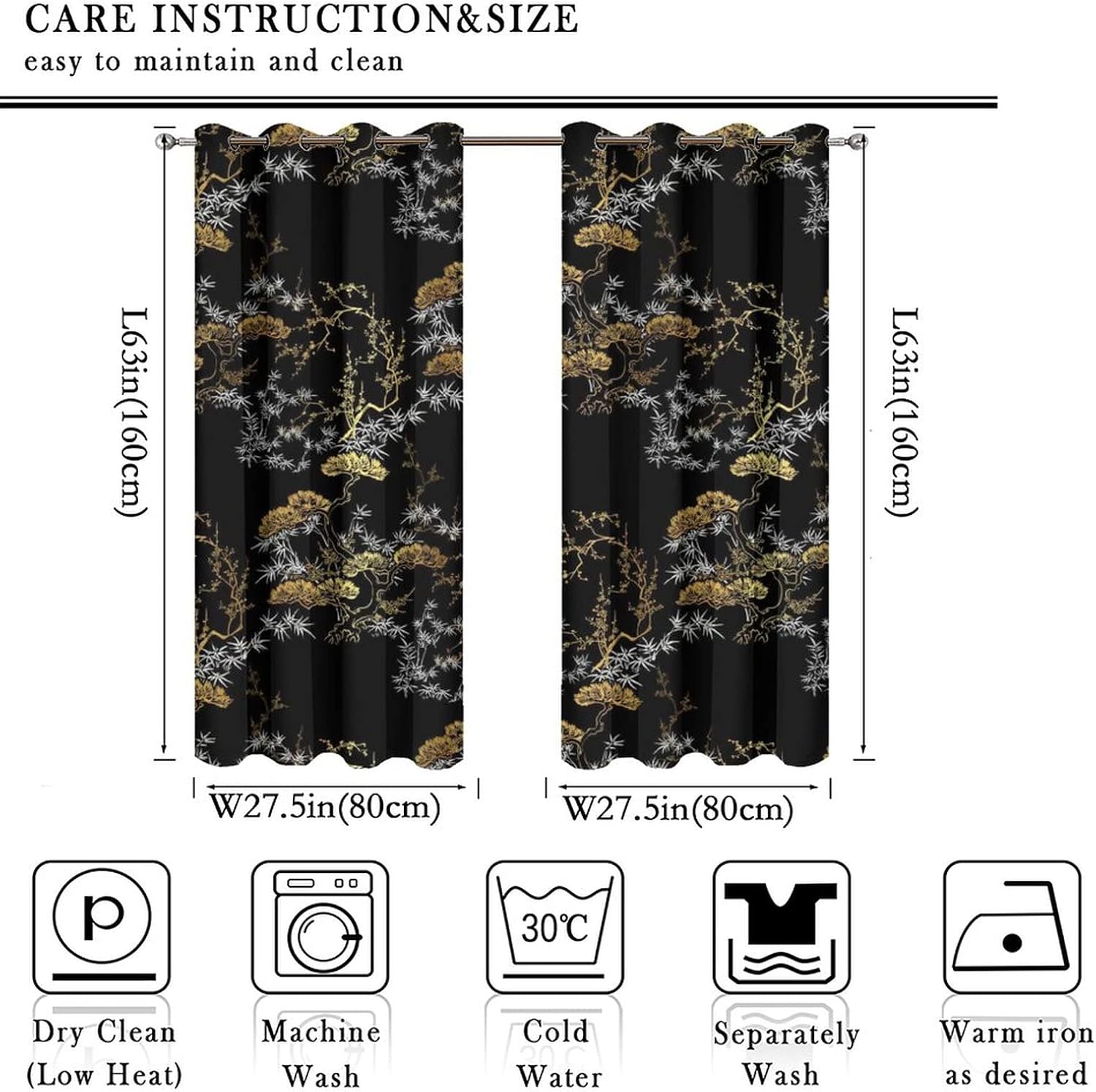 Cool Japanese Curtains Black Gold Pine Pattern Grommet Blackout Curtains 55x63in