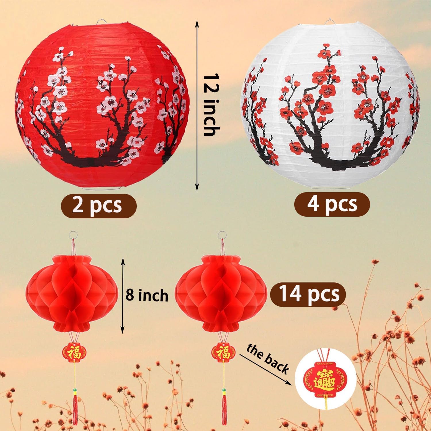 20 Pcs Cherry Blossom Paper Lanterns For Home Decor