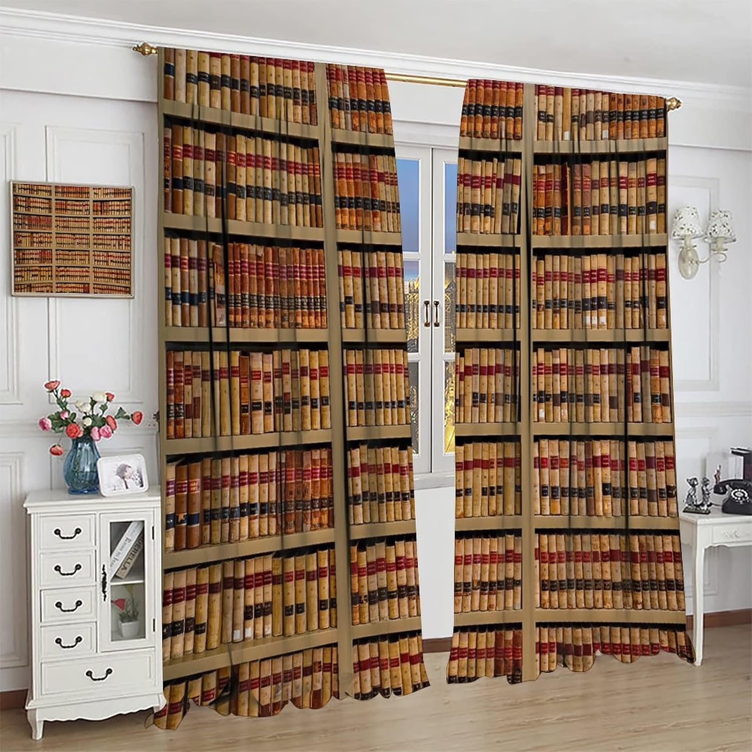 Vintage Library Bookshelf Curtain Set 2 Panels