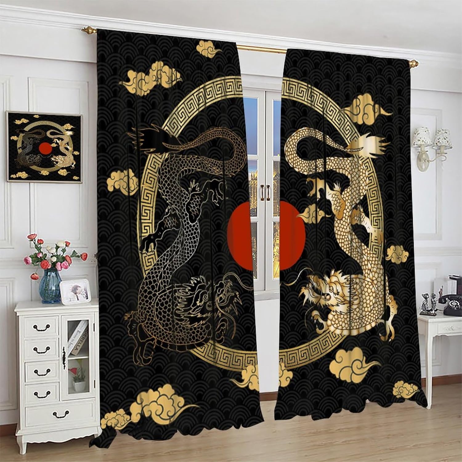 Asian Dragon Window Curtains Blackout Drapes 42x45in