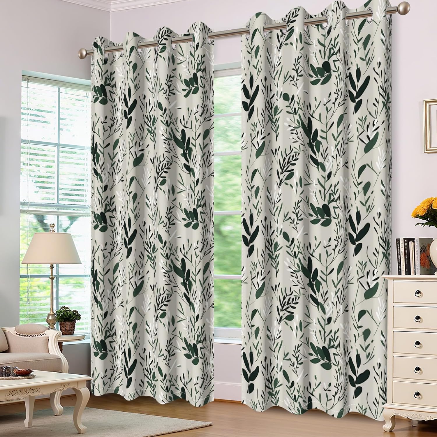 Baocicco Green Leaves Curtains 84 Inch Long 2 Panel Set