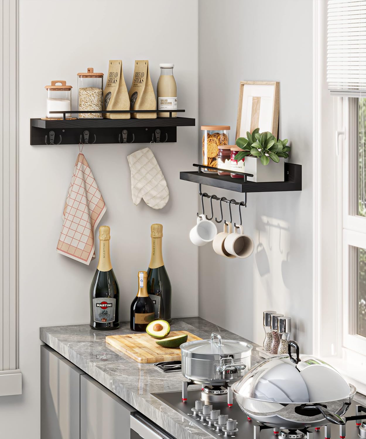 Wood Floating Shelves with 9 Hooks Black Set of 2