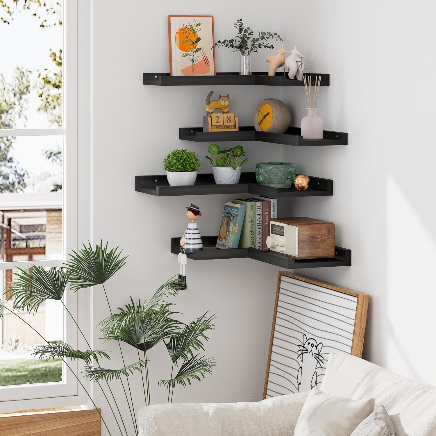 4 Tier Black Floating Corner Wall Shelf Set