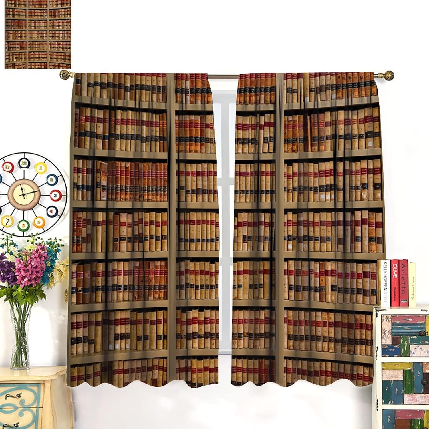 Vintage Library Bookshelf Curtain Set 2 Panels