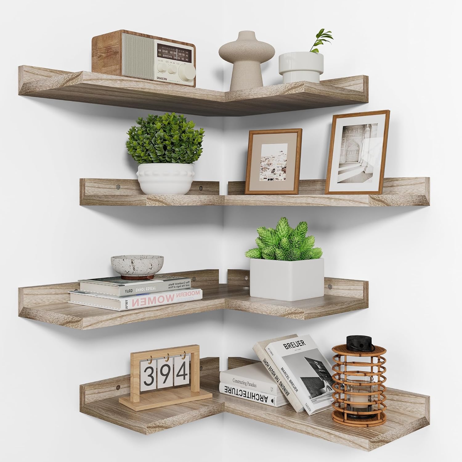 4 Tier Corner Shelf Natural Wood Floating Shelves