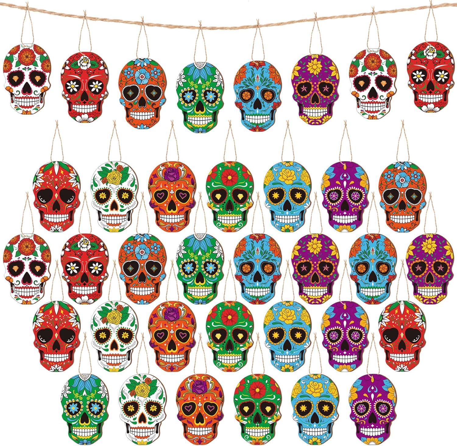 Hoteam 36 Pcs Day of the Dead Skull Wooden Hanging Ornaments