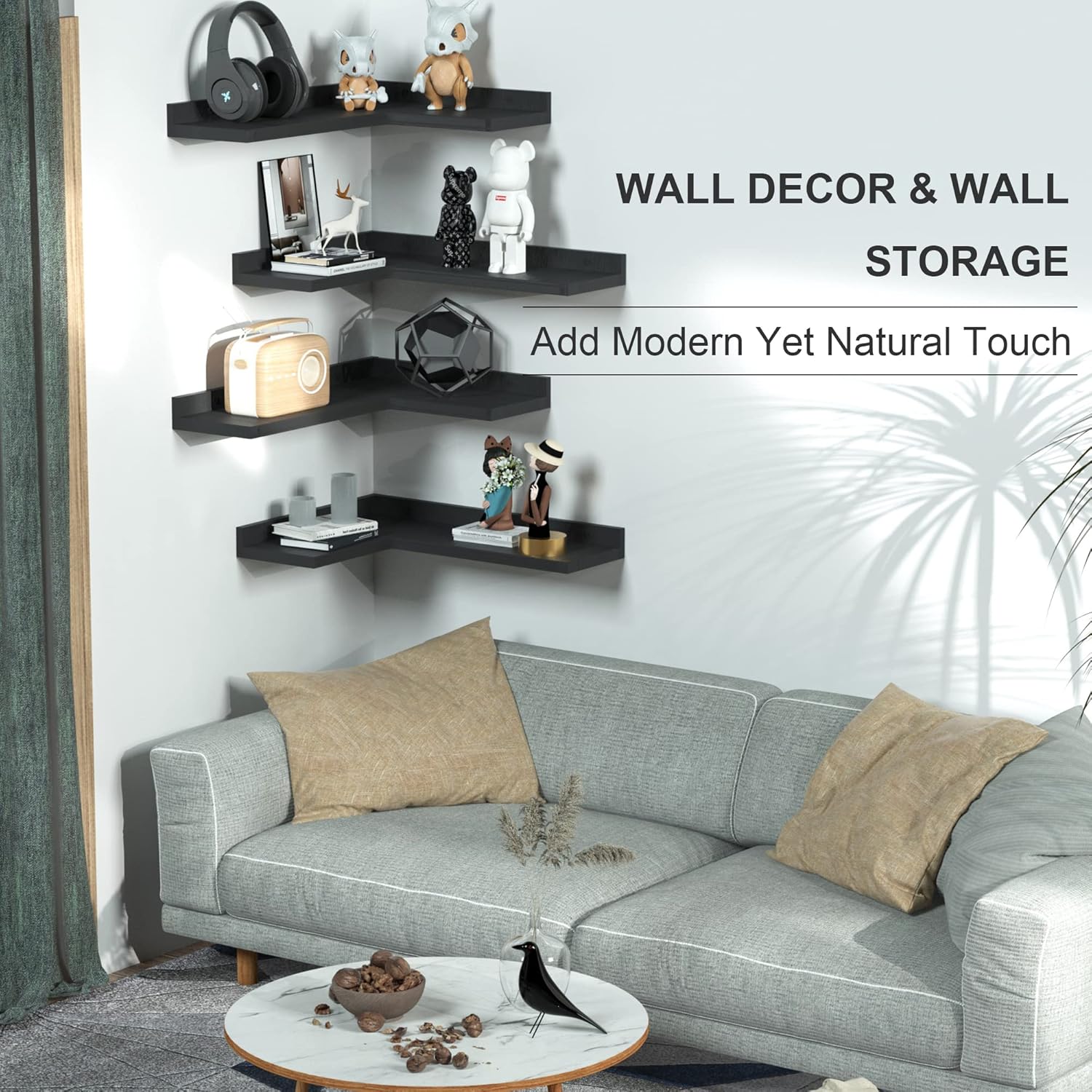 4 Tier Corner Floating Shelves Set Black