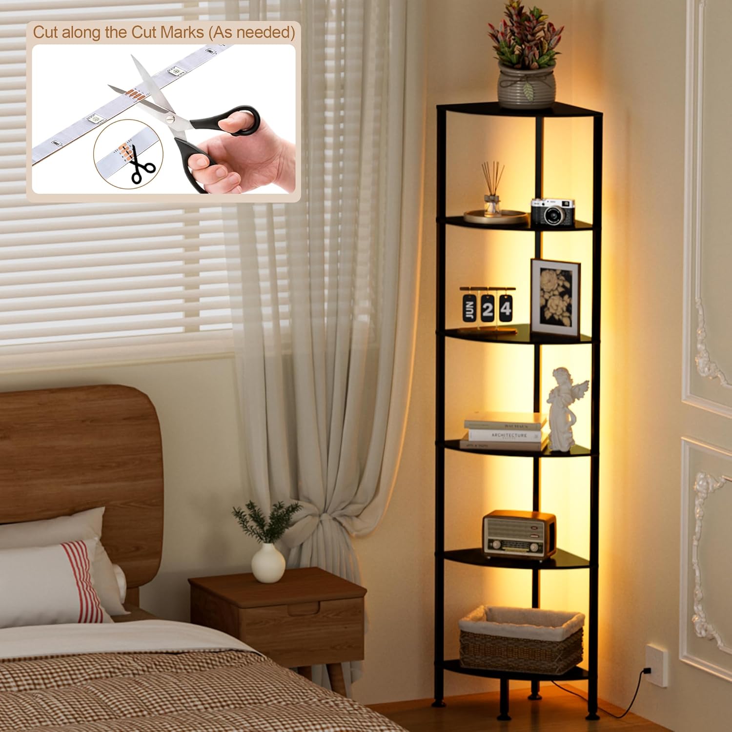 6-Tier Corner Shelf with Light and Storage