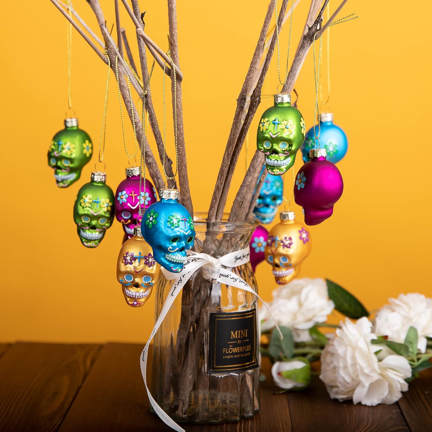 Watayo 12PCS Day of the Dead Glass Ornaments