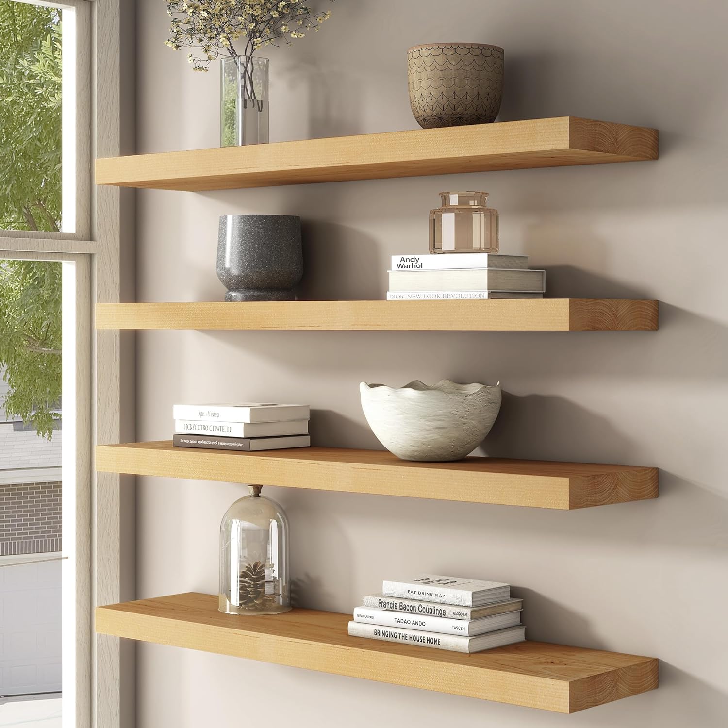 FLYJOE Floating Shelves Set of 2 24 Inch Natural Wooden Wall Mounts
