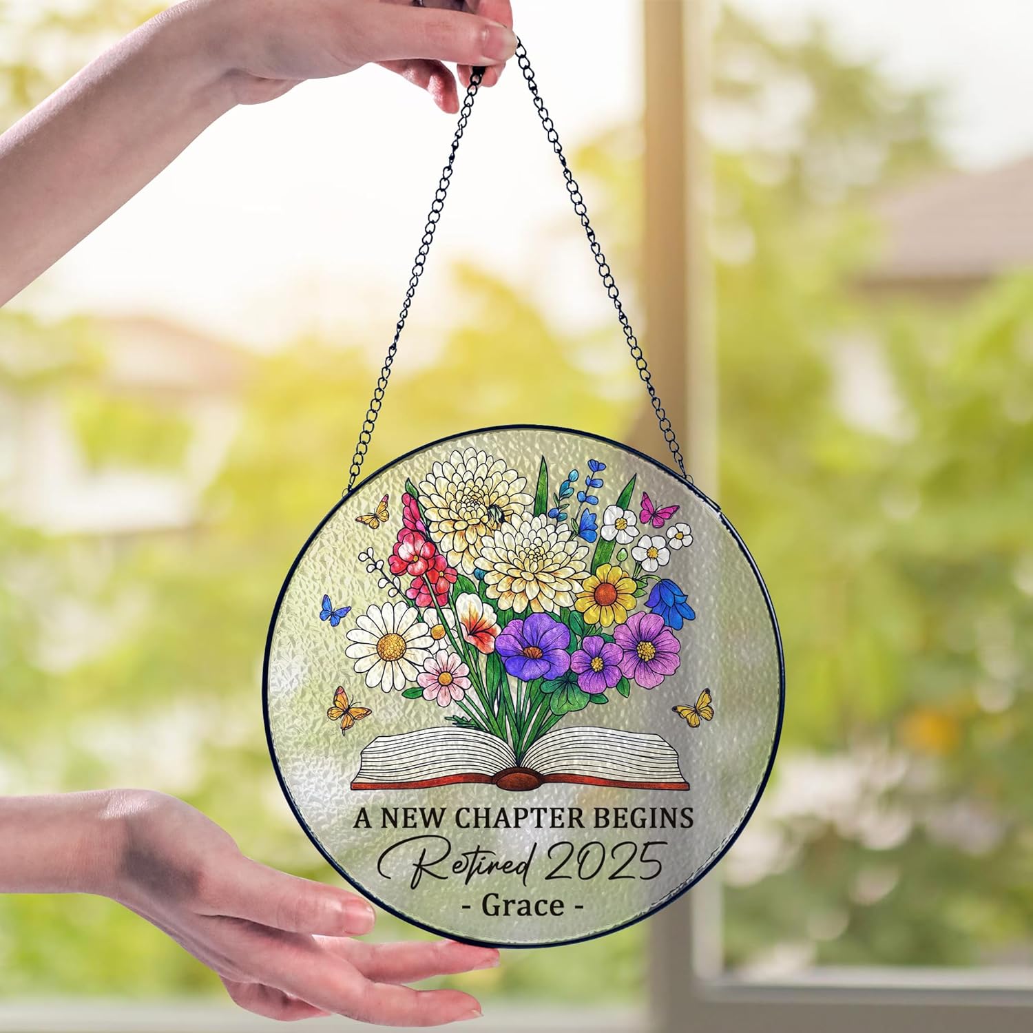Personalized Retirement Stained Glass Suncatcher - Custom Name Floral Decor
