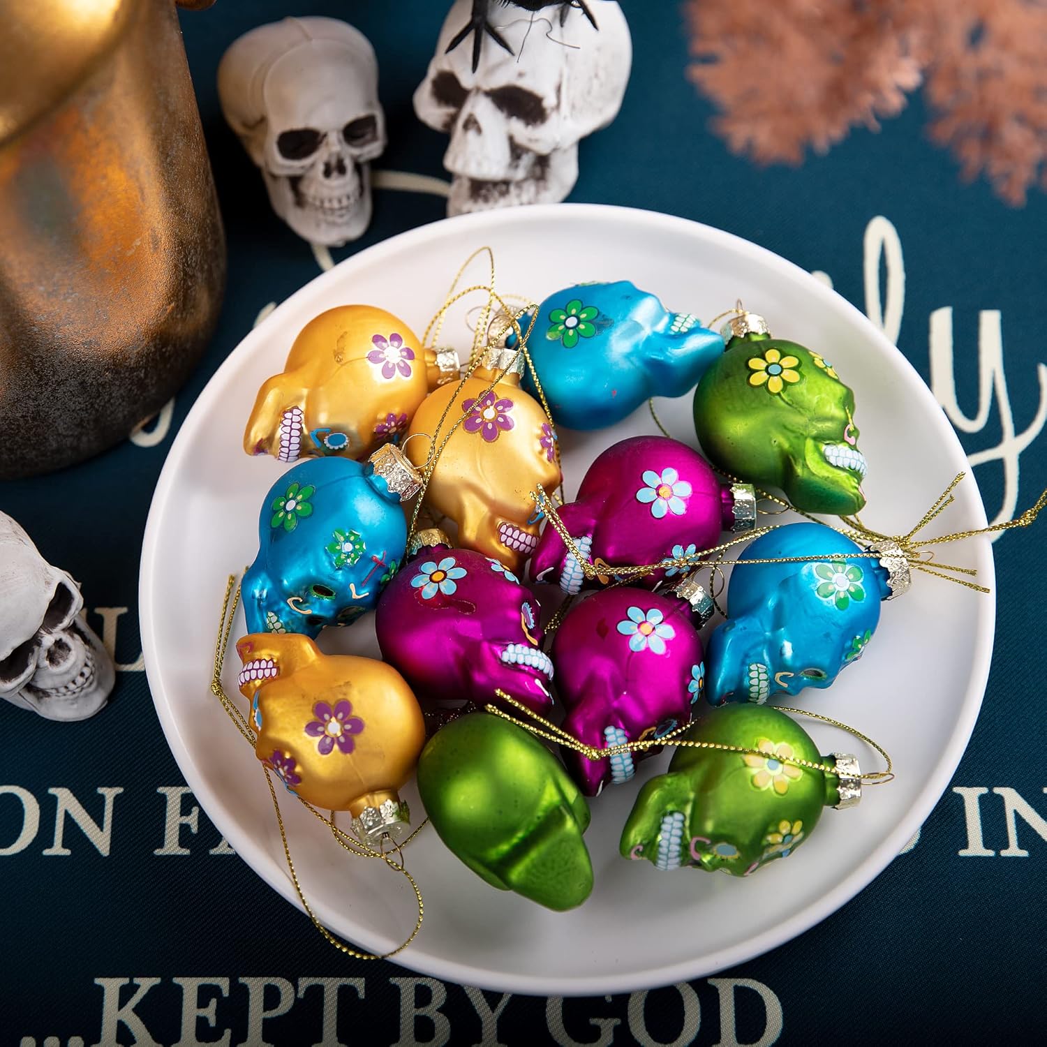 Watayo 12PCS Day of the Dead Glass Ornaments