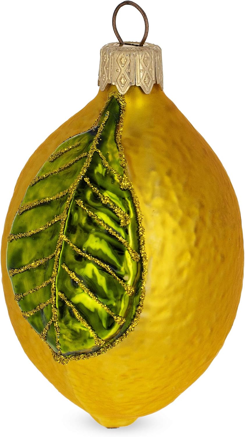 Lemon with Leaf Glass Christmas Ornament 37 Inches