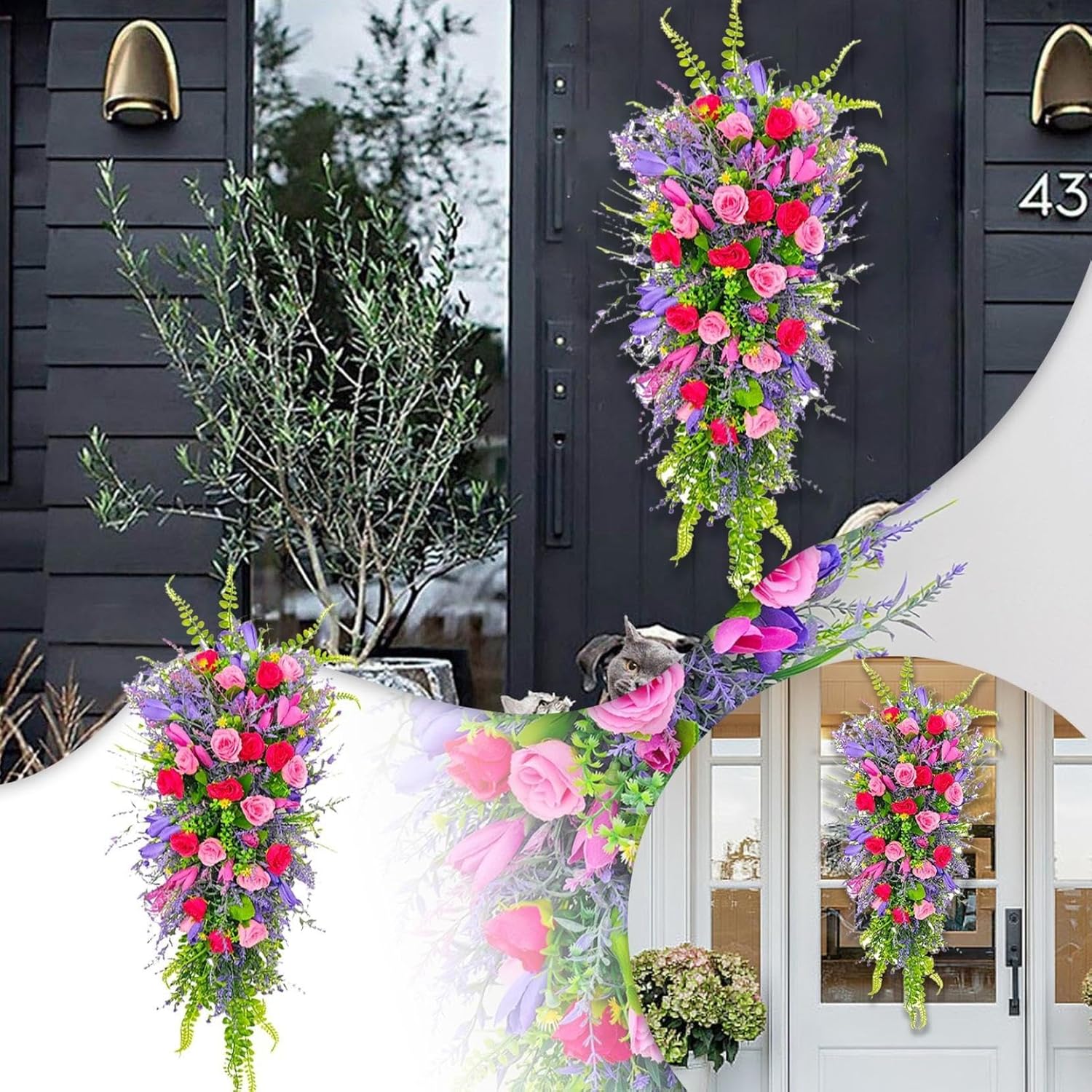 256 Inch Artificial Teardrop Spring Wreath with Flowers and Foliage