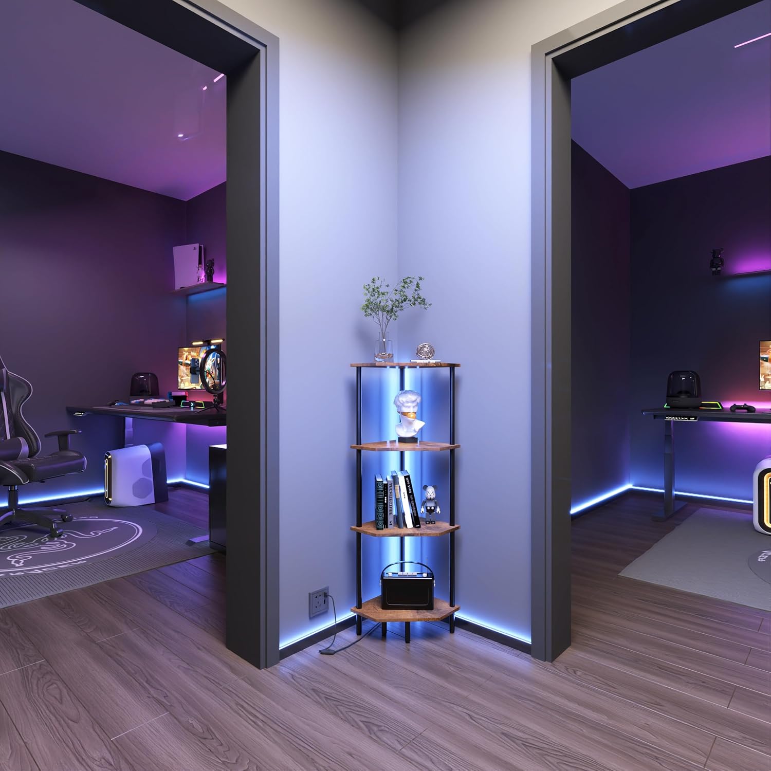 4 Tier Corner Shelf with LED Light and Storage