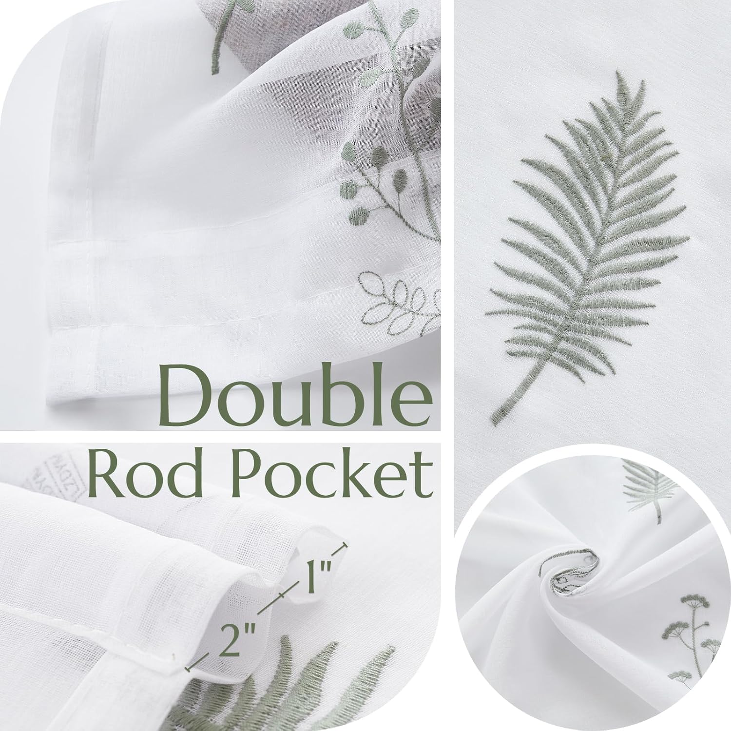 Jinchan French Sheer Door Curtain Panel 40 Inches Green on White