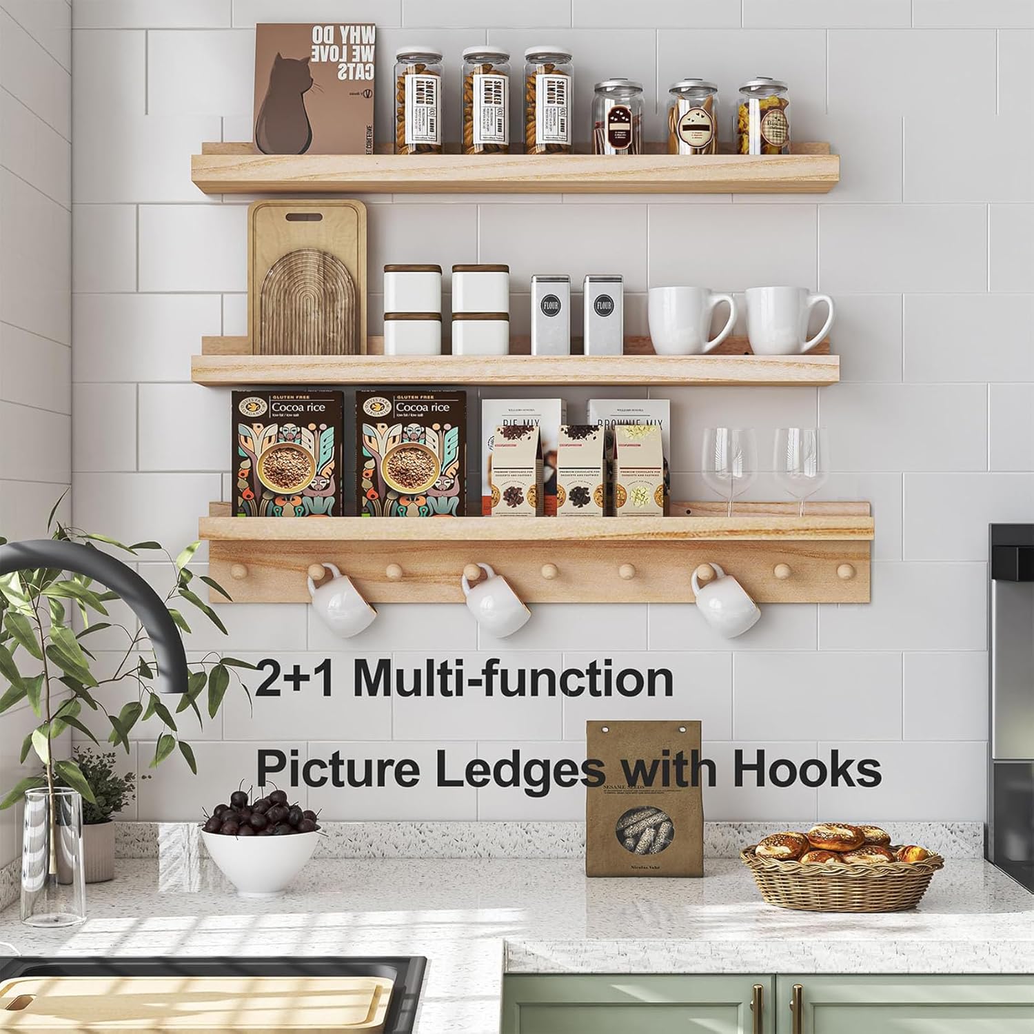 MBYD 36 Inch Floating Wood Shelf With Hooks