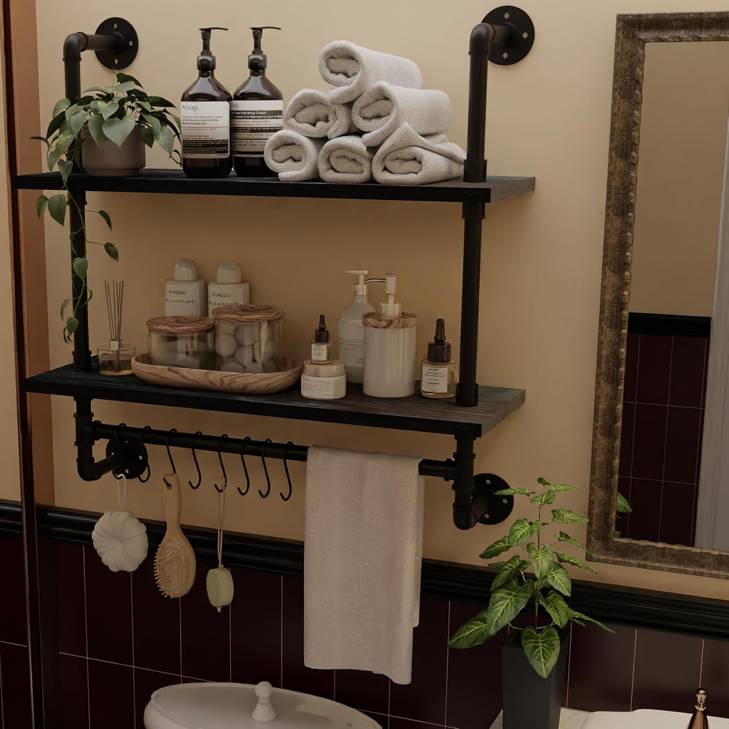 ROGMARS Industrial Pipe Bathroom Shelves with Towel Bar Hooks