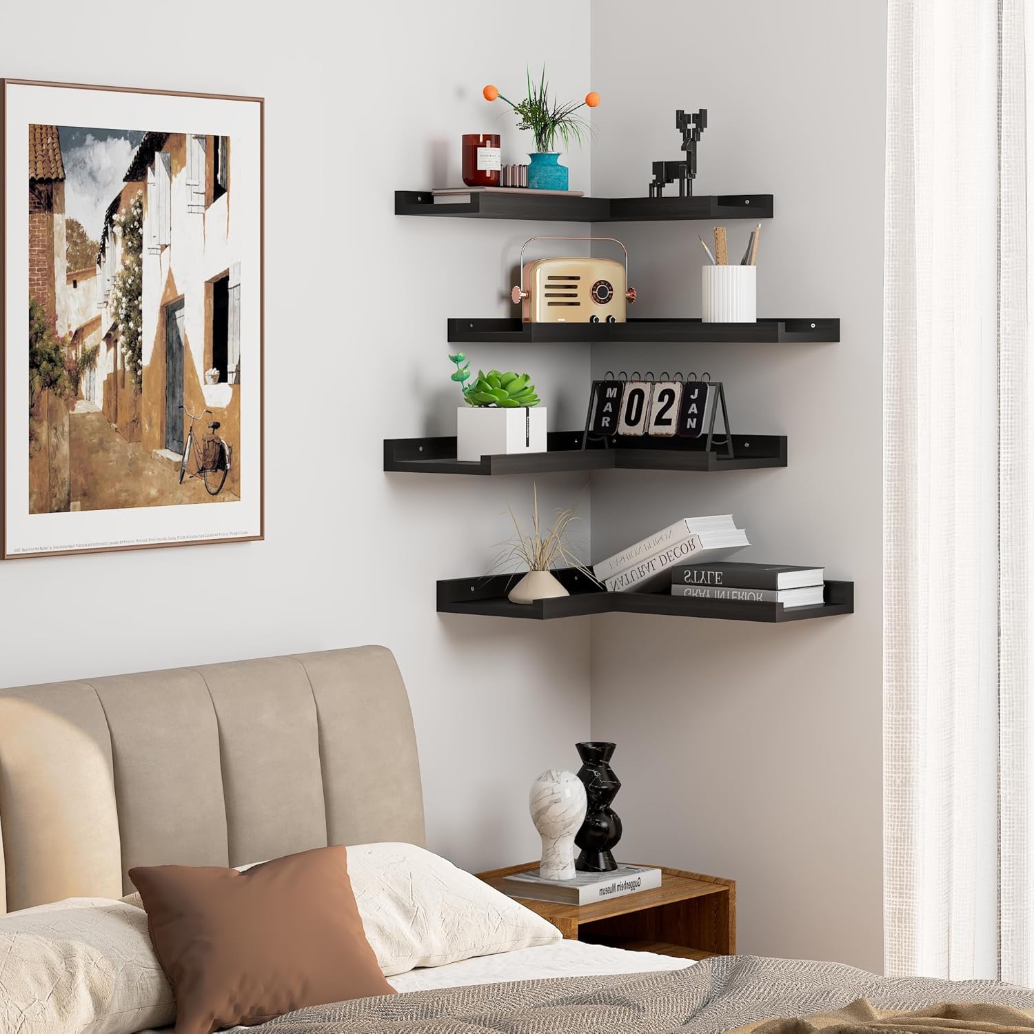 4 Tier Black Floating Corner Wall Shelf Set