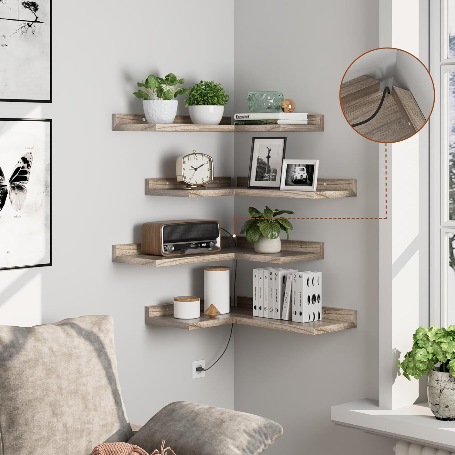 4 Tier Corner Shelf Natural Wood Floating Shelves