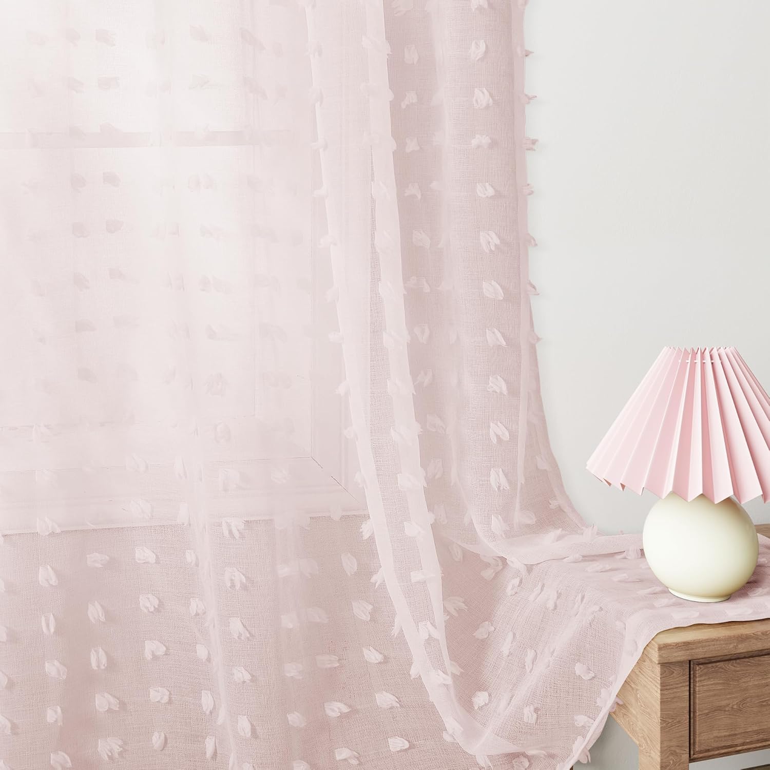 Guken Pink Grommet Pom Pom Sheer Curtains 54 Inch 2 Panels