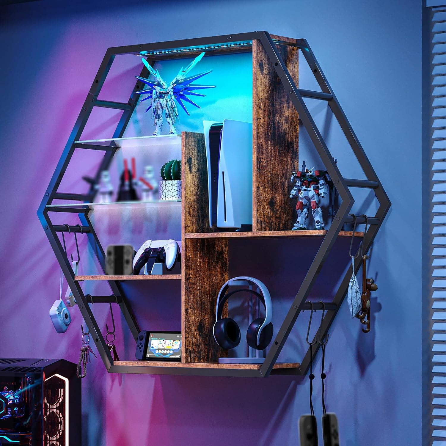 Gaming Shelf with RGB Lights and Hooks - Rustic Brown