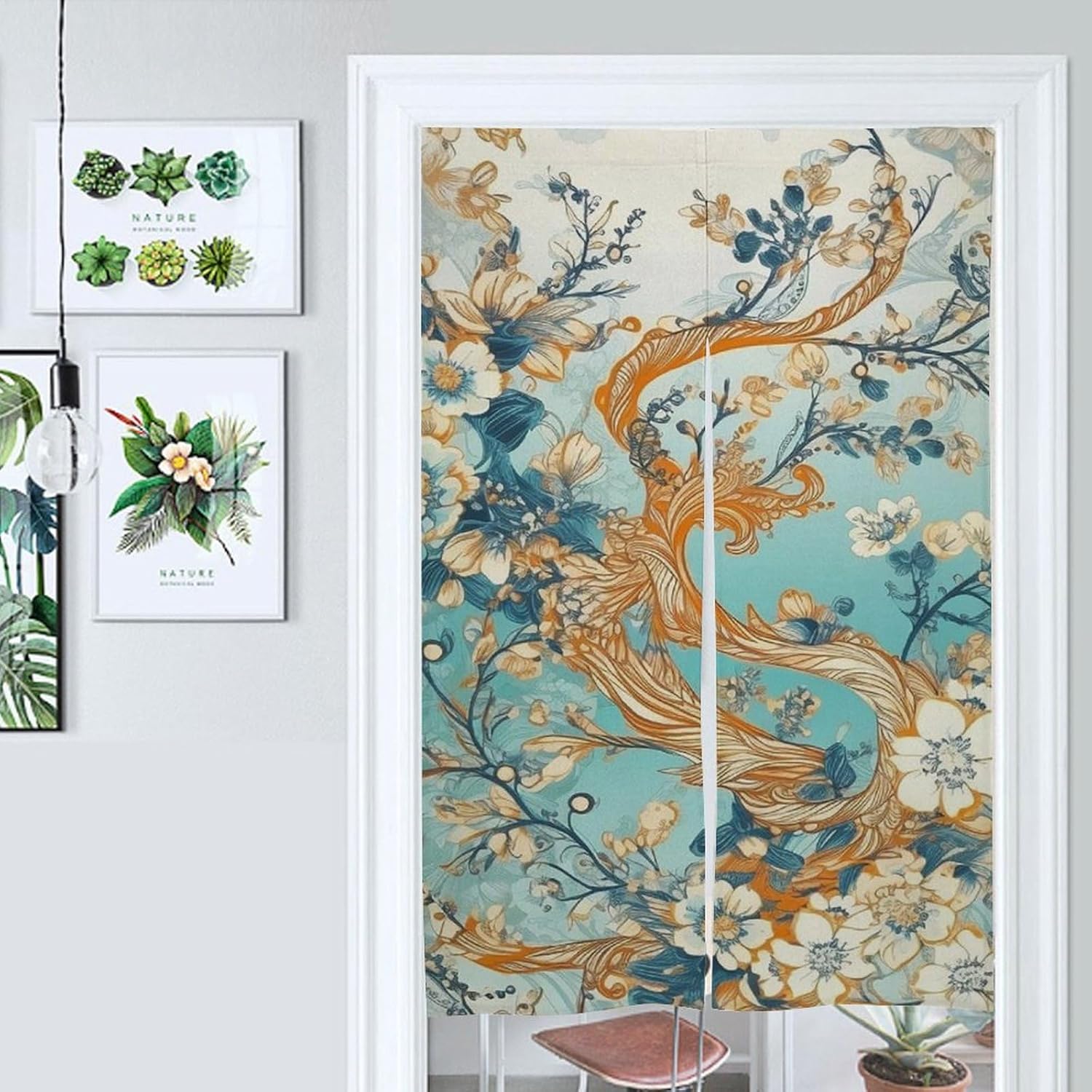 Japanese Noren Door Curtain with Trees and Flowers Print