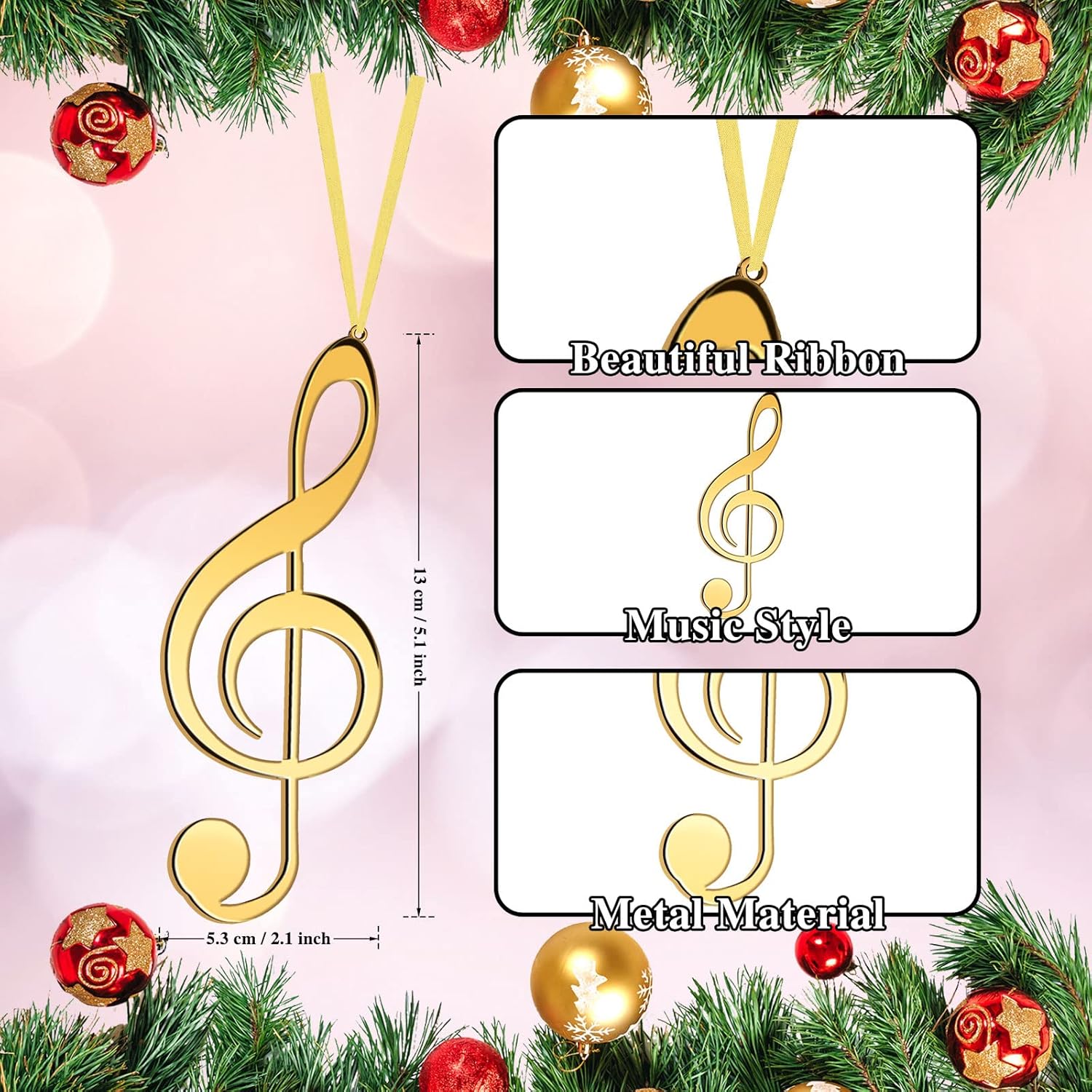Christmas Treble Clef Hanging Ornament Set with Gold Ribbon - 24pcs