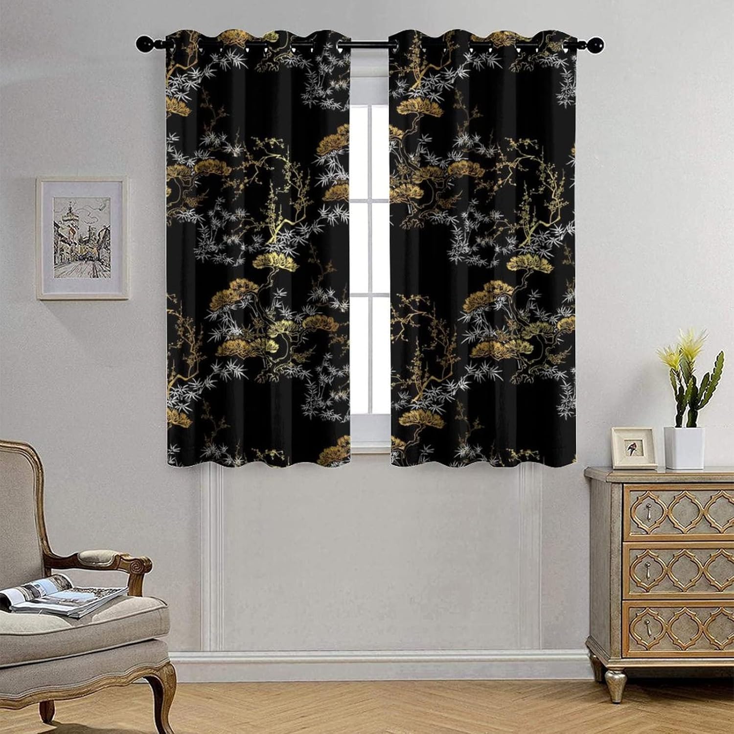 Cool Japanese Curtains Black Gold Pine Pattern Grommet Blackout Curtains 55x63in
