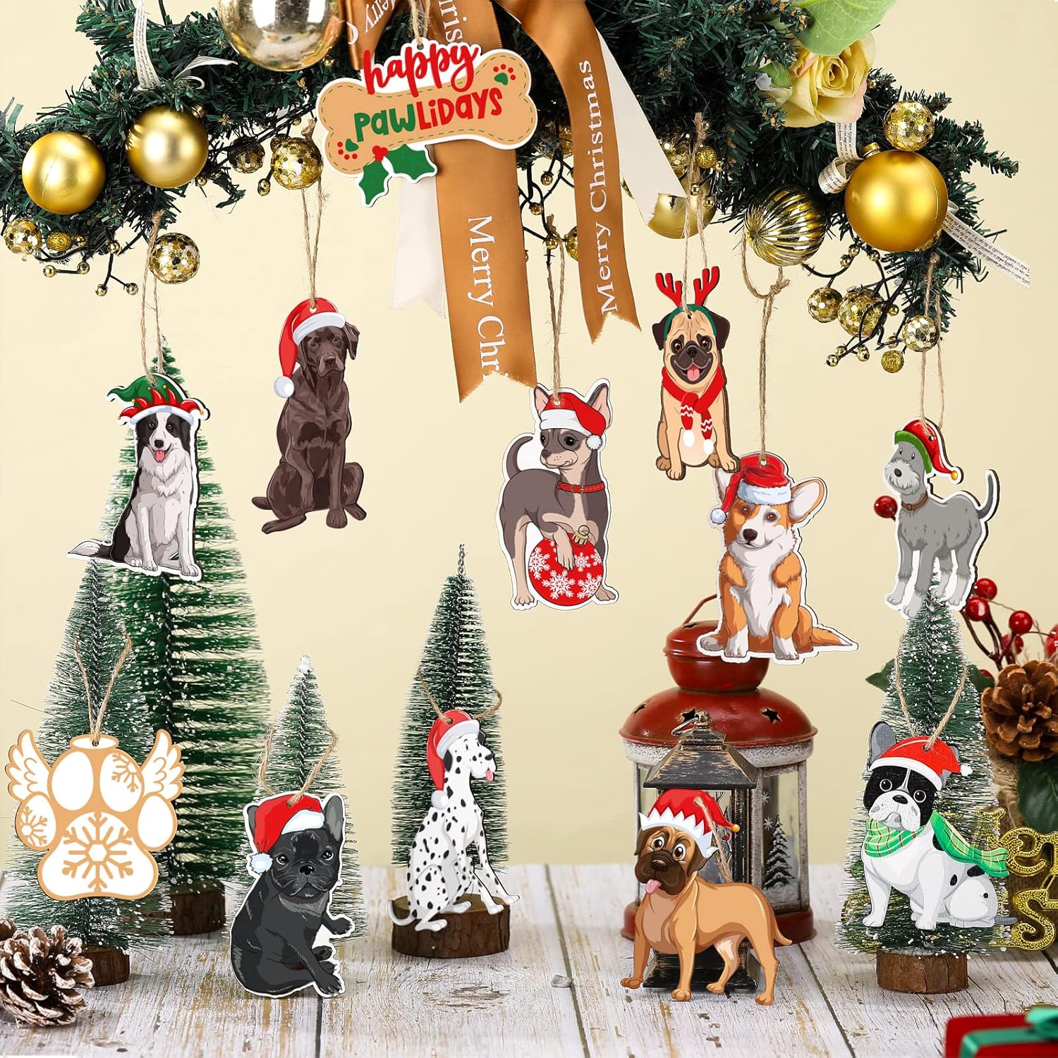 24 Pieces Wooden Dog Ornaments for Christmas Tree Decorations