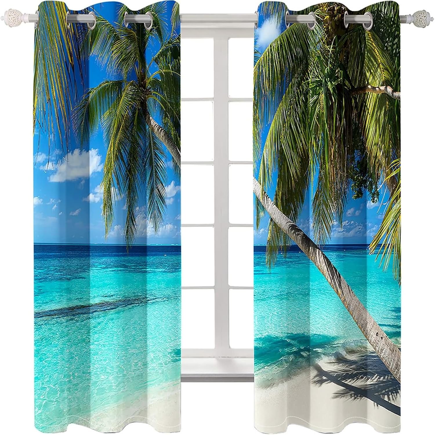 Homxi Kitchen Curtains 2 Pack Blackout with Coconut Trees and Ocean Landscape