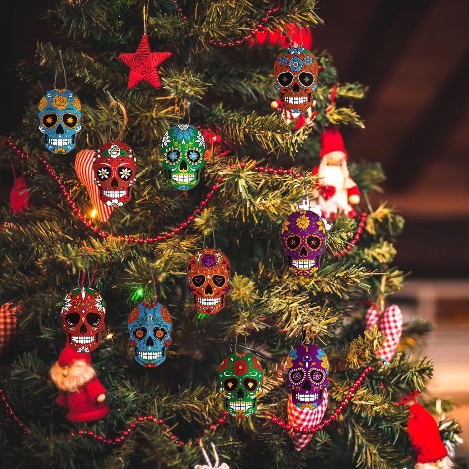 Hoteam 36 Pcs Day of the Dead Skull Wooden Hanging Ornaments