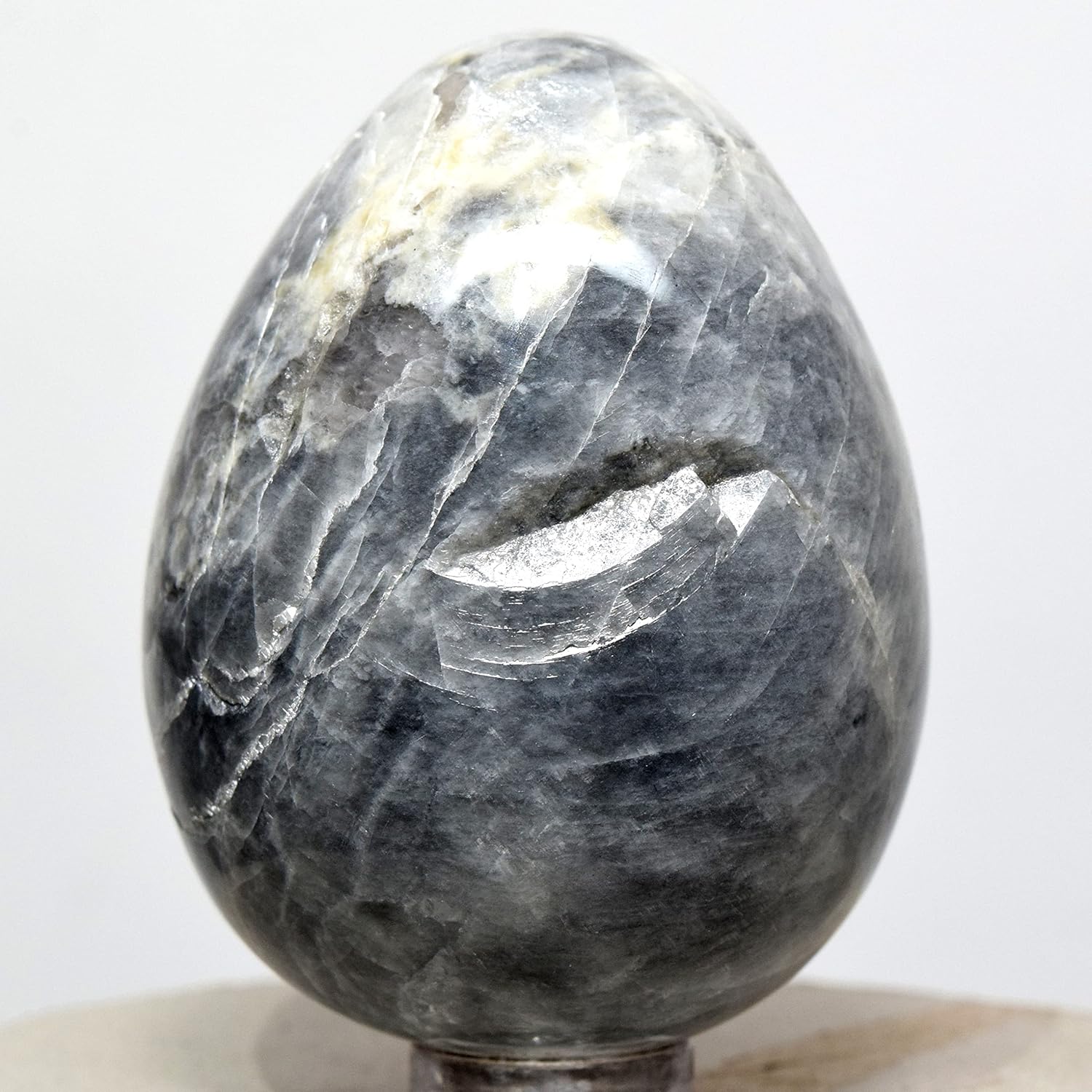 Black Moonstone Egg Indoor Fountain Stone with Stand