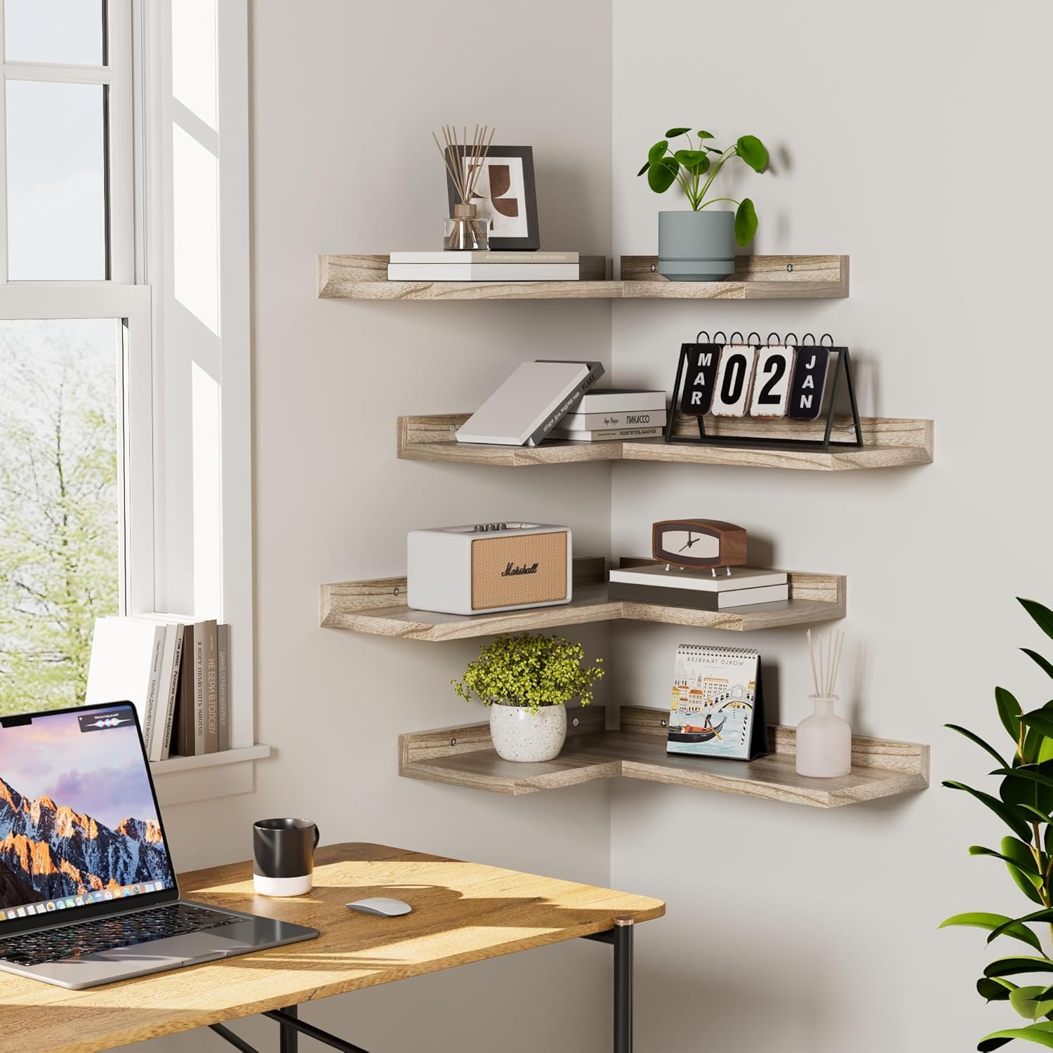 4 Tier Corner Shelf Natural Wood Floating Shelves