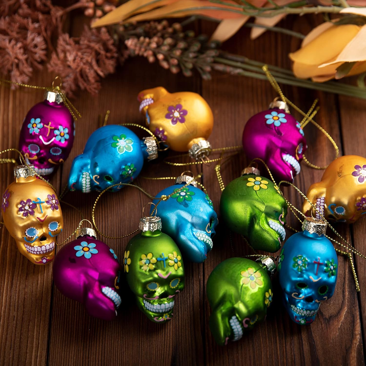 Watayo 12PCS Day of the Dead Glass Ornaments