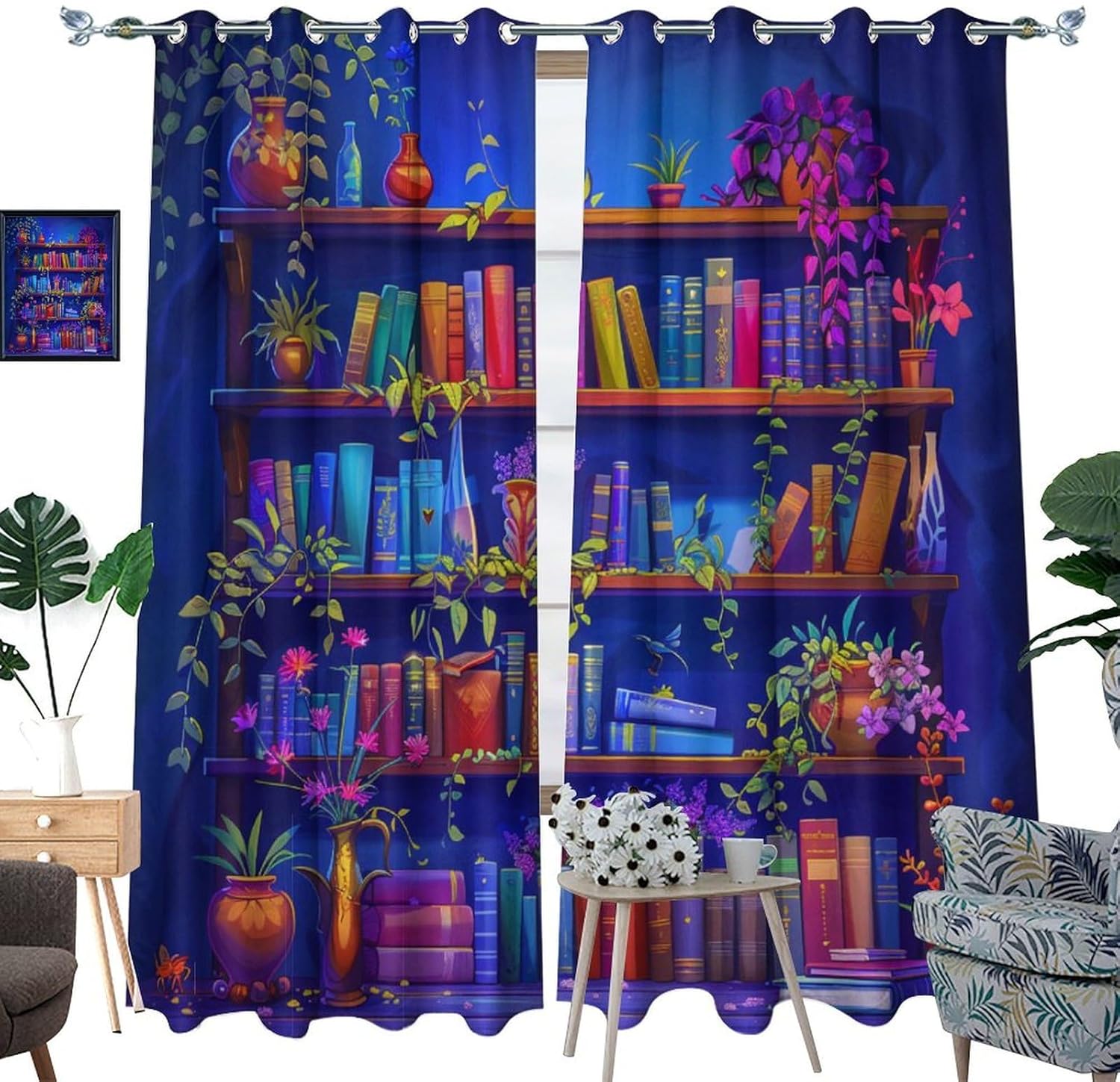 Cute Cartoon Bookshelf Curtains for Bedroom Living Room