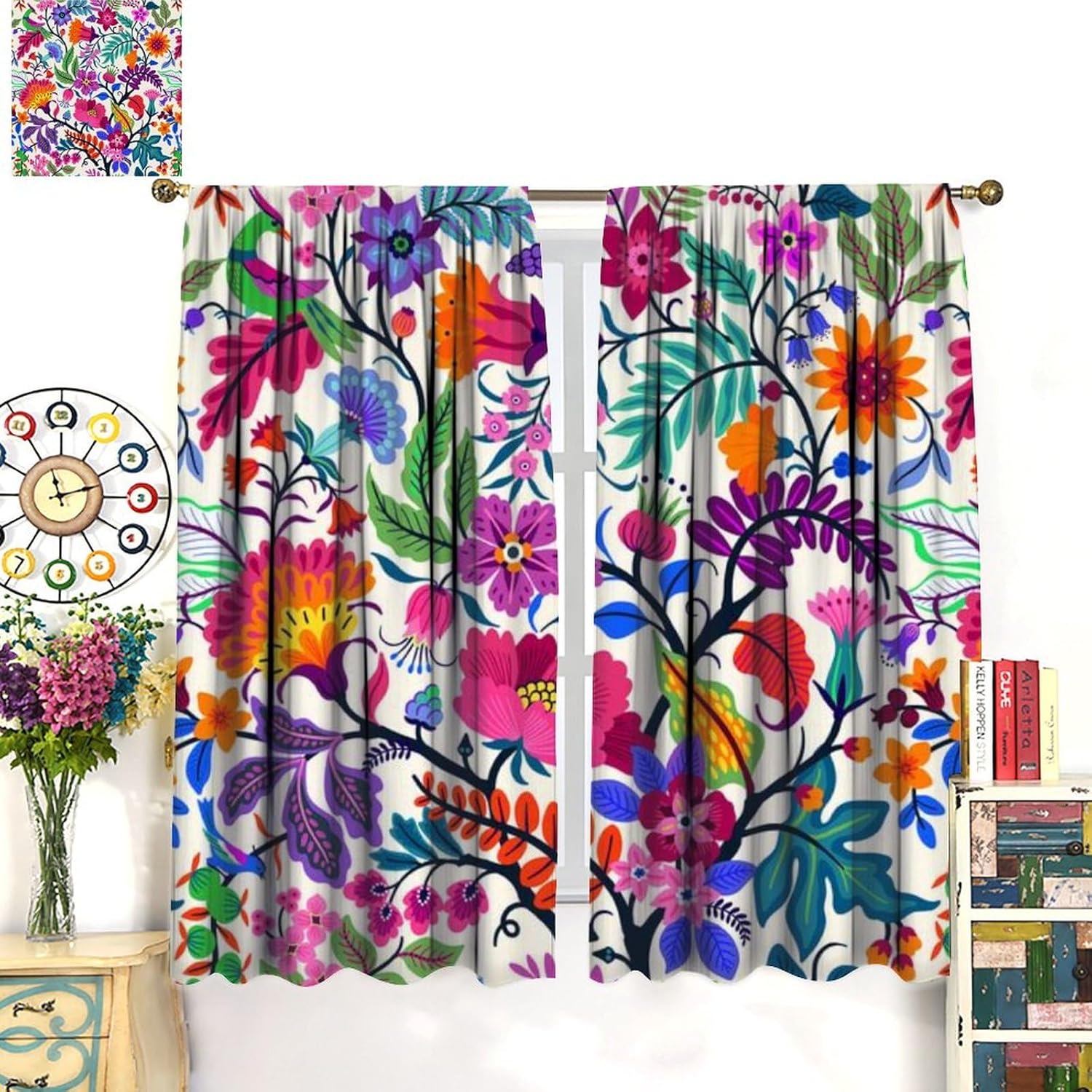 Boho Floral Window Curtains for Living Room and Bedroom