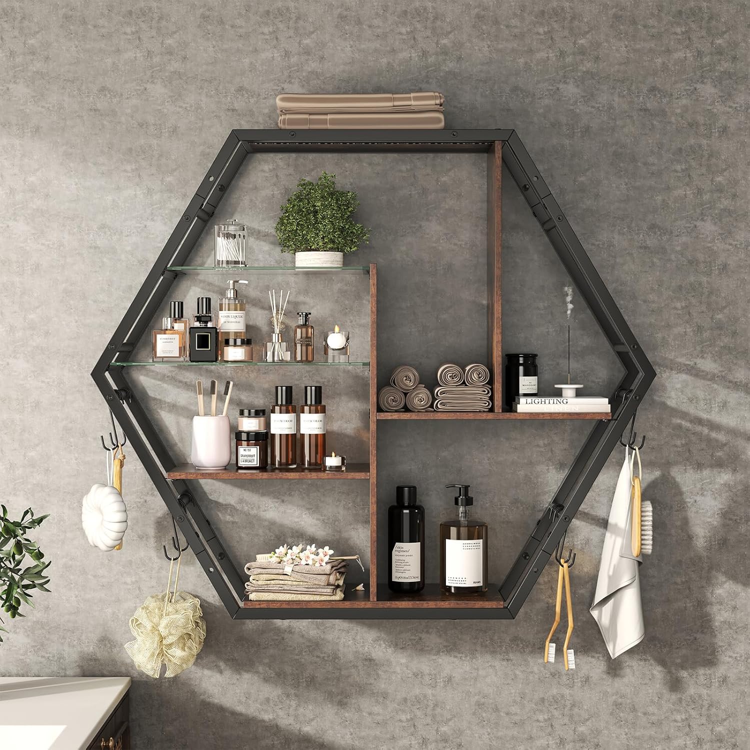 Gaming Shelf with RGB Lights and Hooks - Rustic Brown