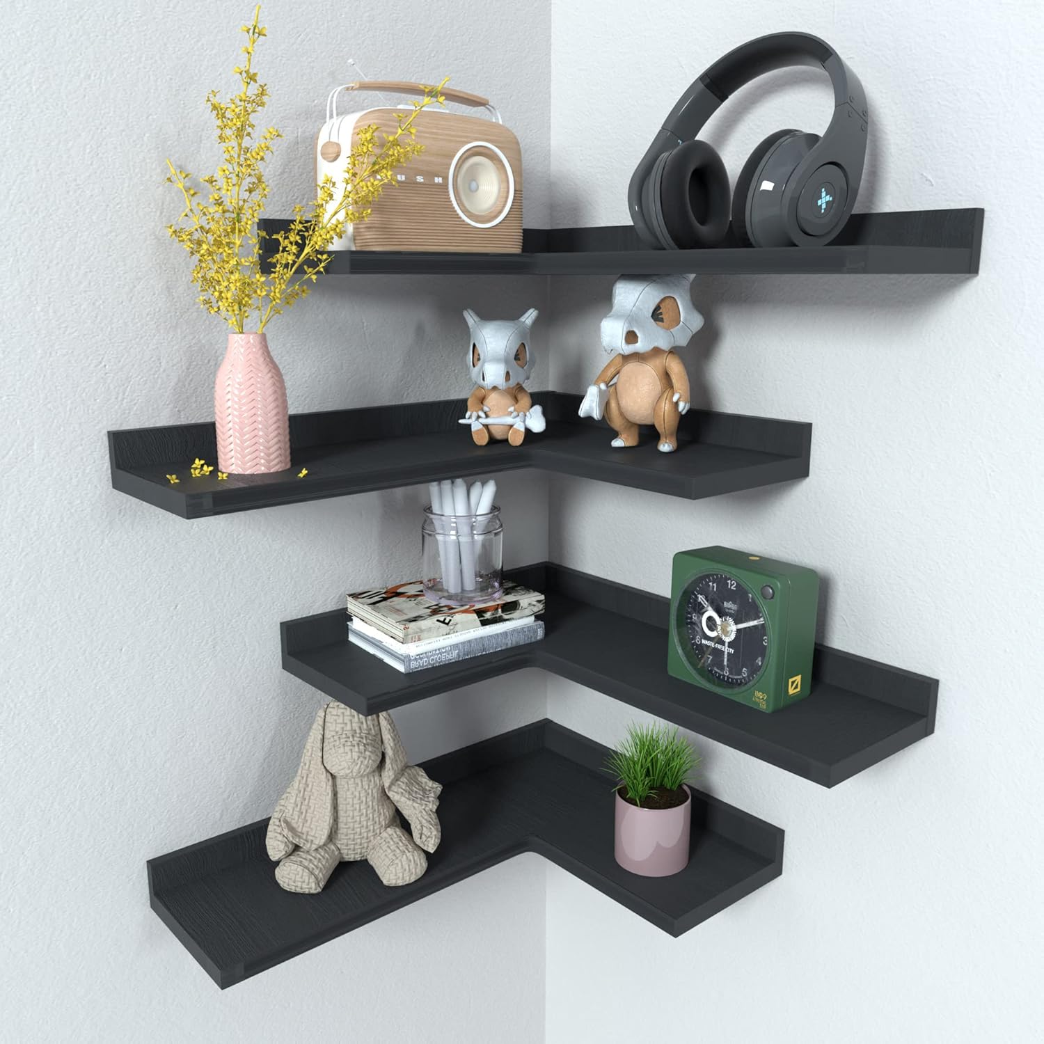 4 Tier Corner Floating Shelves Set Black